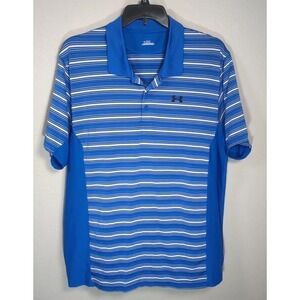 Under Armour Mens 2XL XXL Blue White Striped Golf Polo‎ Short Sleeves